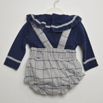 Completo Culotte con Fantasia a Quadri con Bretelle e Maglioncino Blu-Grigio Per Neonata Paloma de la O NI8BR1 - PALOMA DE LA O - LuxuryKids