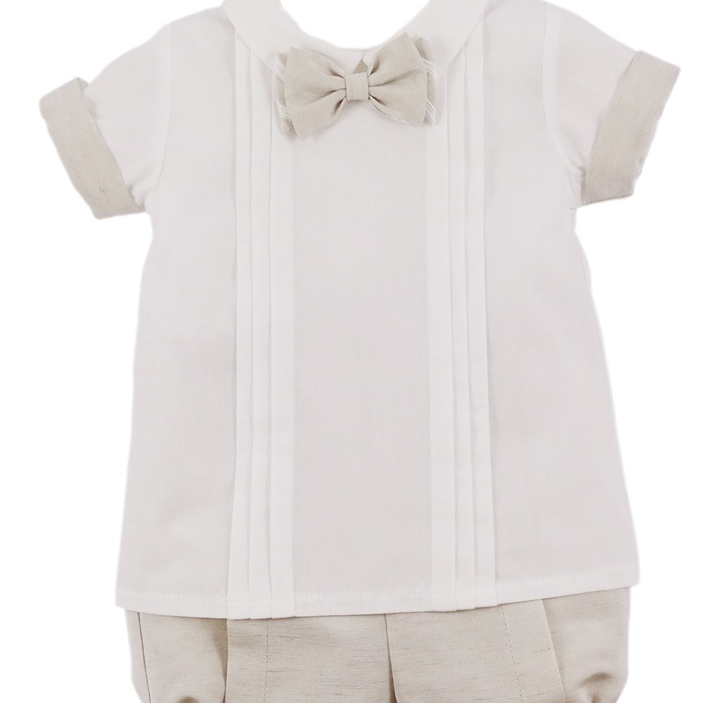 Completo Elegante Due Pezzi Con Papillon Bianco- Beige Neonato NINNAOH E21243 - NINNAOH - LuxuryKids