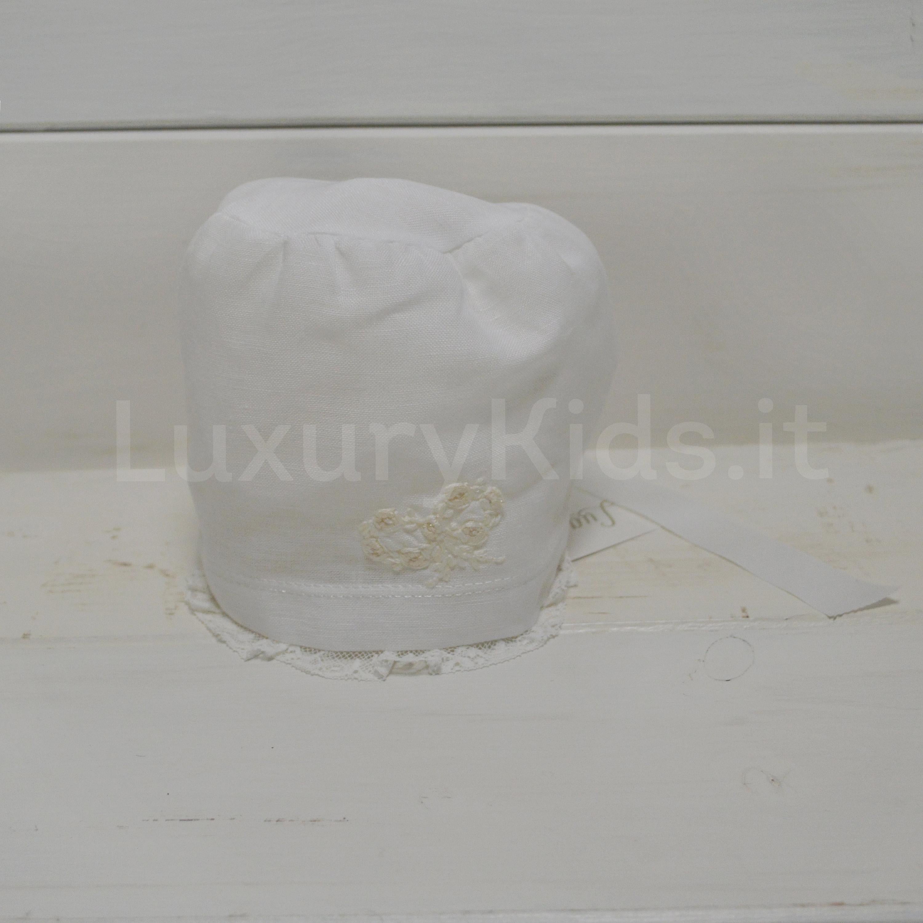 Cuffia Con Pizzo in Lino Bianco Neonata Creazioni Luana 155 - CREAZIONI LUANA - LuxuryKids