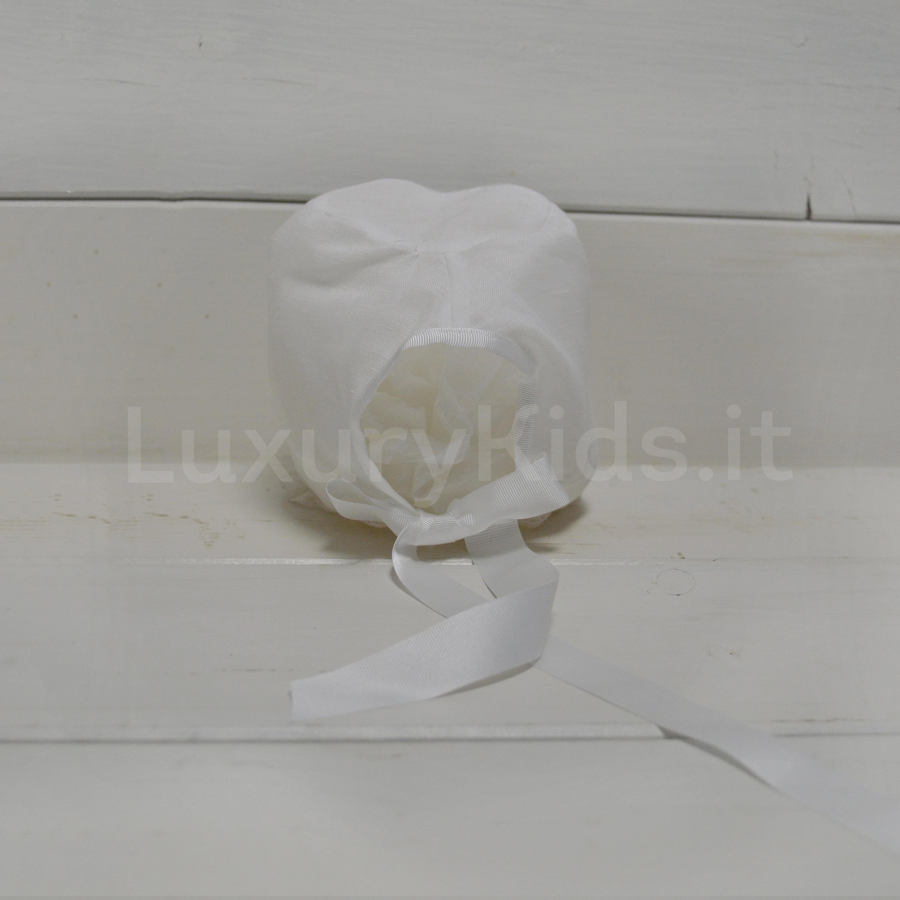 Cuffia Con Pizzo in Lino Bianco Neonata Creazioni Luana 155 - CREAZIONI LUANA - LuxuryKids