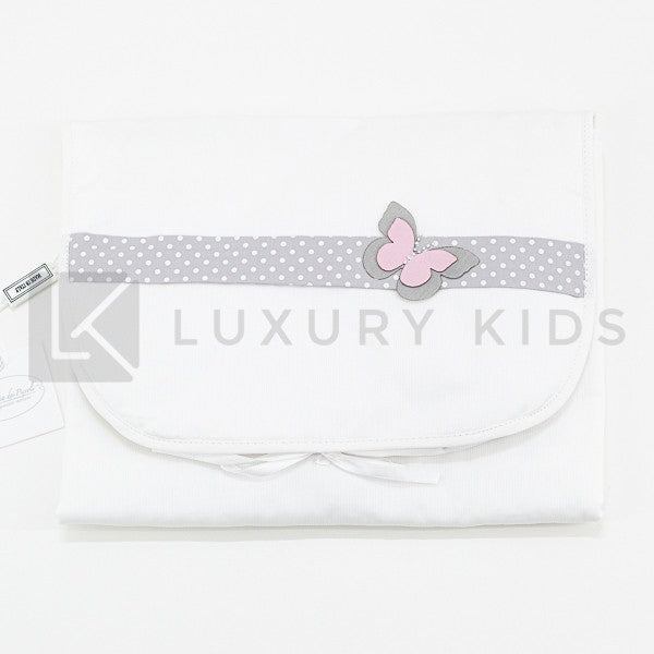 Fasciatoio Pieghevole In Cotone Bianco Con Fascia Grigia A Poise E Farfalla E Cuscinetto Interno Neonata LA SARTORIA DEI - LA SARTORIA DEI PICCOLI - LuxuryKids