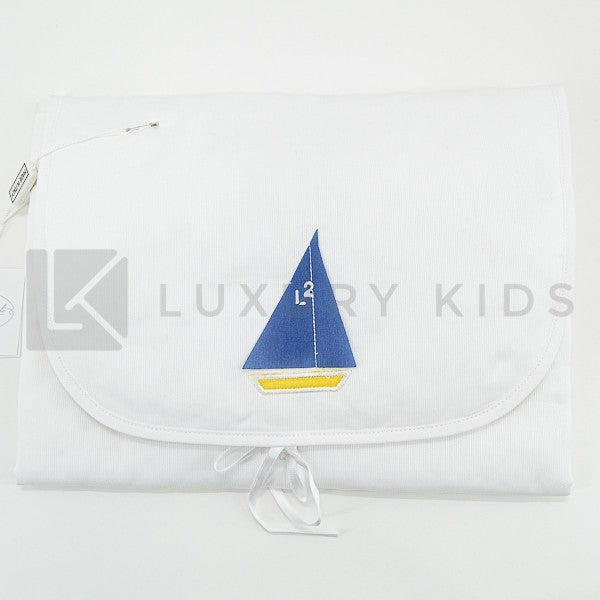 Fasciatoio Pieghevole In Cotone Bianco Con Ricamo Barca A Vela E Cuscinetto Interno Neonata LA SARTORIA DEI PICCOLI LFS2 - LA SARTORIA DEI PICCOLI - LuxuryKids