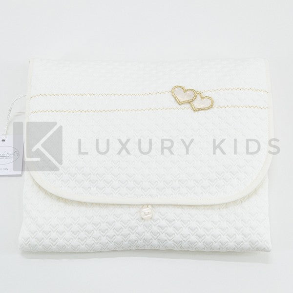 Fasciatoio Pieghevole In Cotone Trapuntato Panna Con Cuciture Oro E Cuoricini E Cuscinetto Interno Neonata LA SARTORIA D - LA SARTORIA DEI PICCOLI - LuxuryKids