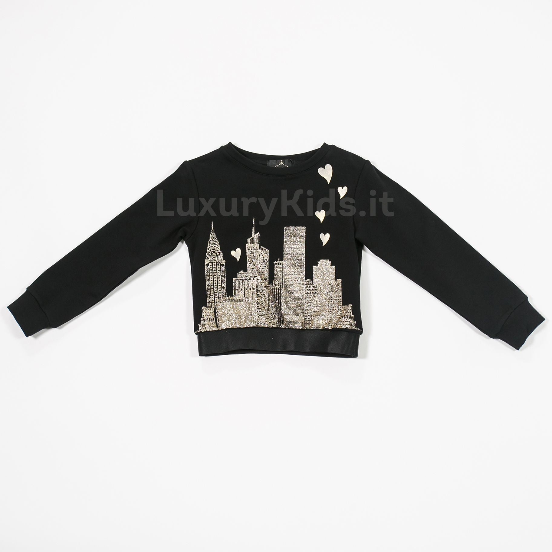 Felpa in Caldo Cotone con Stampa Glitterata Linea Couture Nero-Oro Bambina Fun&Fun FNBST0060 - FUN&FUN - LuxuryKids