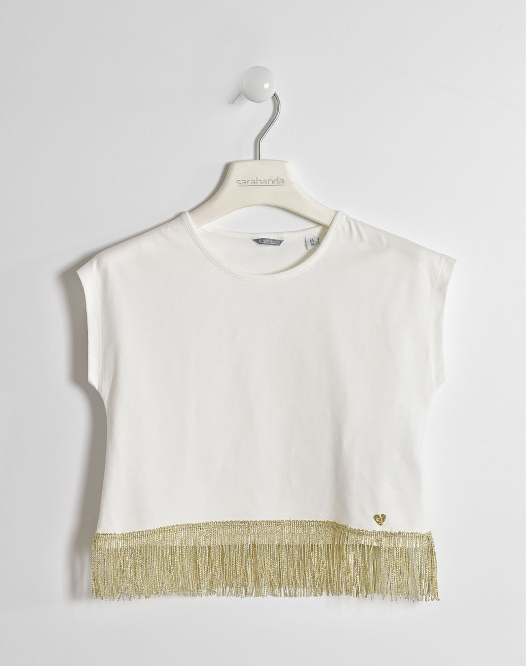 Maglia in Cotone Mezza Manica con Frange in basso Panna Bambina SARABANDA W422 - SARABANDA - LuxuryKids