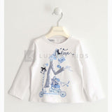 Maglia Manica Lunga In Cotone Elasticizzato Bianca Con Stampa Azzurra Neonata SARABANDA J209 - SARABANDA - LuxuryKids