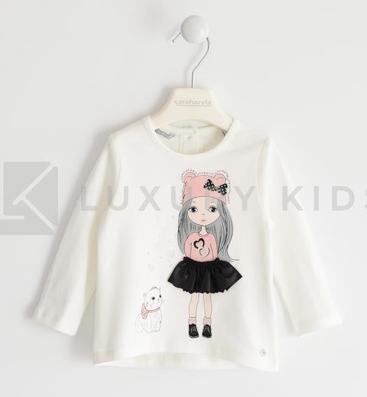 Maglietta In Caldo Cotone Con Applicazione In Ecopelle Panna Neonata K211 - SARABANDA - LuxuryKids