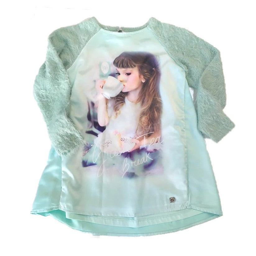 Maxi Maglia con Pelliccia e Stampa Verde Bambina Fun&Fun FNBDR7002 - FUN&FUN - LuxuryKids