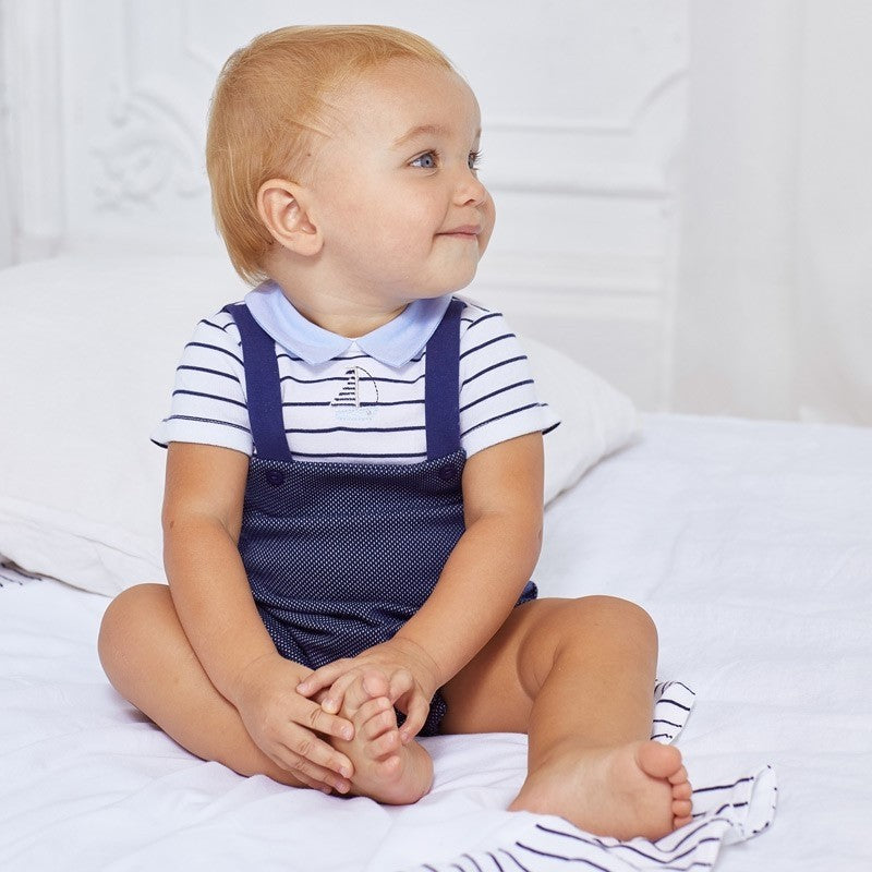 Pagliaccetto A Salopette In Cotone Bianco Blu Con Cappello Neonato MAYORAL 1624 - MAYORAL - LuxuryKids