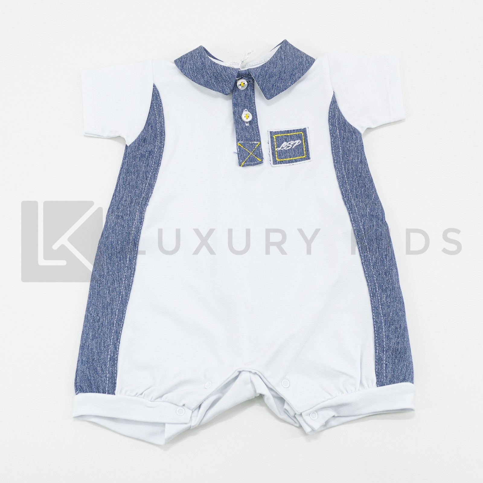 Pagliaccetto Intero In Cotone Bianco Con Inserti In Denim Neonato LA SARTORIA DEI PICCOLI LP754 - LA SARTORIA DEI PICCOLI - LuxuryKids
