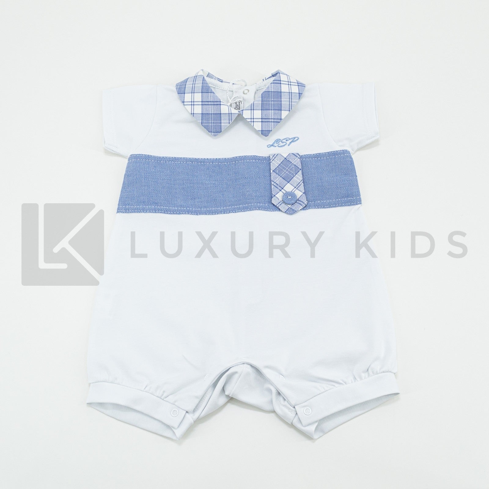 Pagliaccetto Intero In Cotone Bianco E Azzurro Con Fascia In Denim Neonato LA SARTORIA DEI PICCOLI LP755 - LA SARTORIA DEI PICCOLI - LuxuryKids