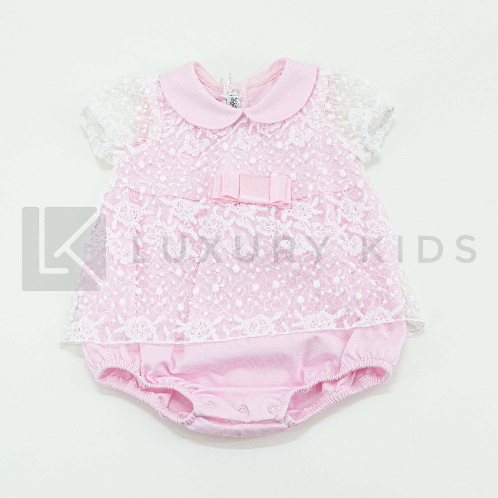 Pagliaccetto Mezza Manica In Cotone Rosa Con Tulle Ricamato Bianco La Sartoria Dei Piccoli LP756 - LA SARTORIA DEI PICCOLI - LuxuryKids