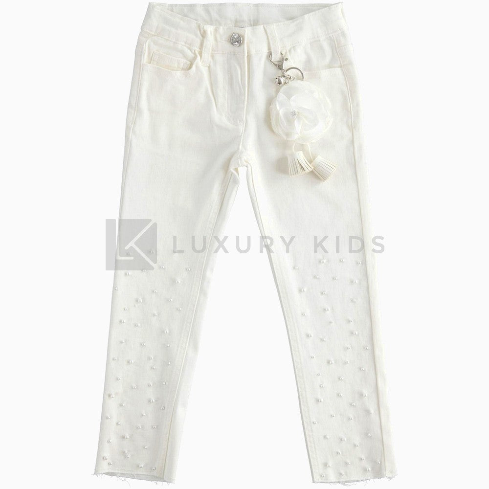 Pantalone In Twill Stretch Con Perle Bianco Bambina Sarabanda J419 - SARABANDA - LuxuryKids