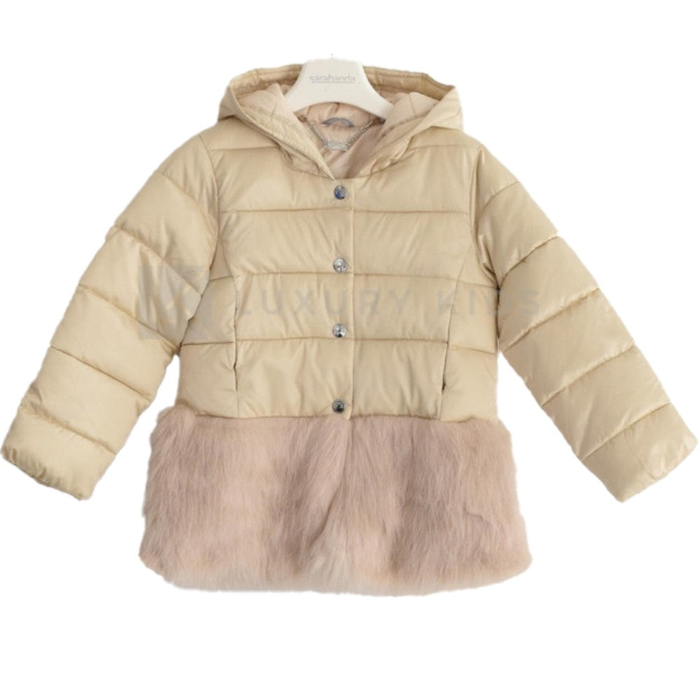 Piumino Con Bordatura In Ecopelliccia Beige Bambina Sarabanda K466 - SARABANDA - LuxuryKids