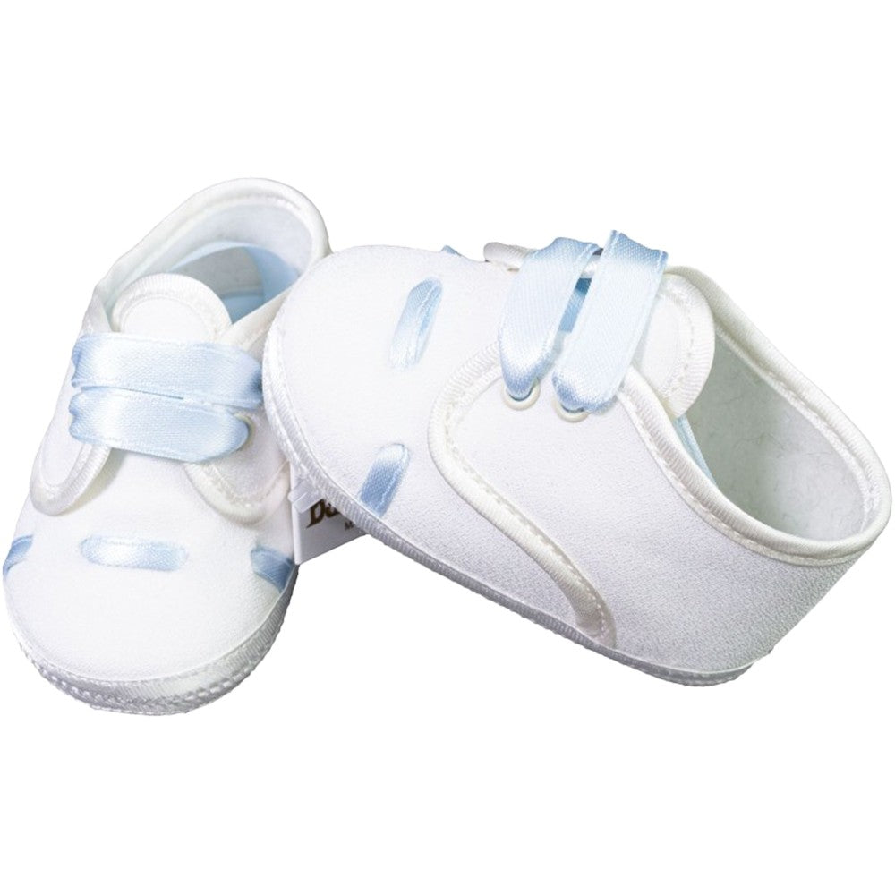 Scarpette Culla Elegante Cerimonia Battesimo Bianca Con Lacci Celeste Neonato Baby Chic 2403 - Baby Chic - LuxuryKids