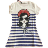 T-Shirt Lunga in Cotone Bianco-Blu con Stampa Bambina Take Two M02695 - TAKE TWO - LuxuryKids