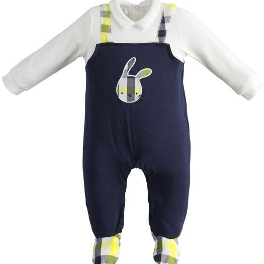 Tutina In Cotone Effetto Salopette Con Coniglietto Blu Neonato MINIBANDA 2677 - MINIBANDA - LuxuryKids