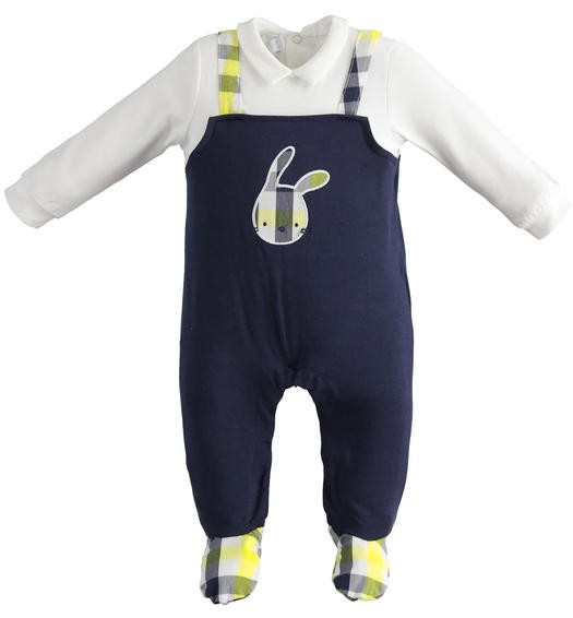 Tutina In Cotone Effetto Salopette Con Coniglietto Blu Neonato MINIBANDA 2677 - MINIBANDA - LuxuryKids