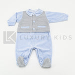 Tutina Intera In Ciniglia Azzurra Con Finto Panciotto Grigio In Misto Lana Pied de Poule Neonato LA SARTORIA DEI PICCOLI - LA SARTORIA DEI PICCOLI - LuxuryKids
