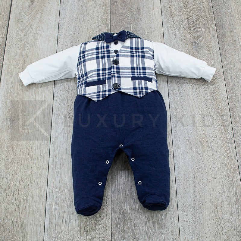 Tutina Manica Lunga In Cotone Bianca E Blu Con Panciotto A Quadroni Neonato La Sartoria Dei Piccoli LT753 - LA SARTORIA DEI PICCOLI - LuxuryKids