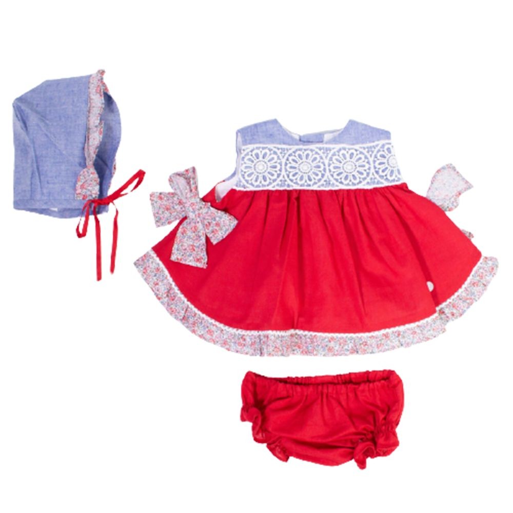 Vestito Smanicato in Cotone Rosso Con Culotte e Cuffia Neonata DEL SUR 0182 - DEL SUR - LuxuryKids