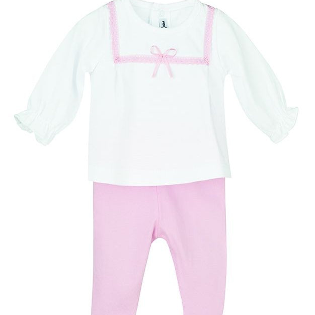 Tutina Spezzata In Cotone Bianco-Rosa Neonata CALAMARO 17472 - CALAMARO - LuxuryKids