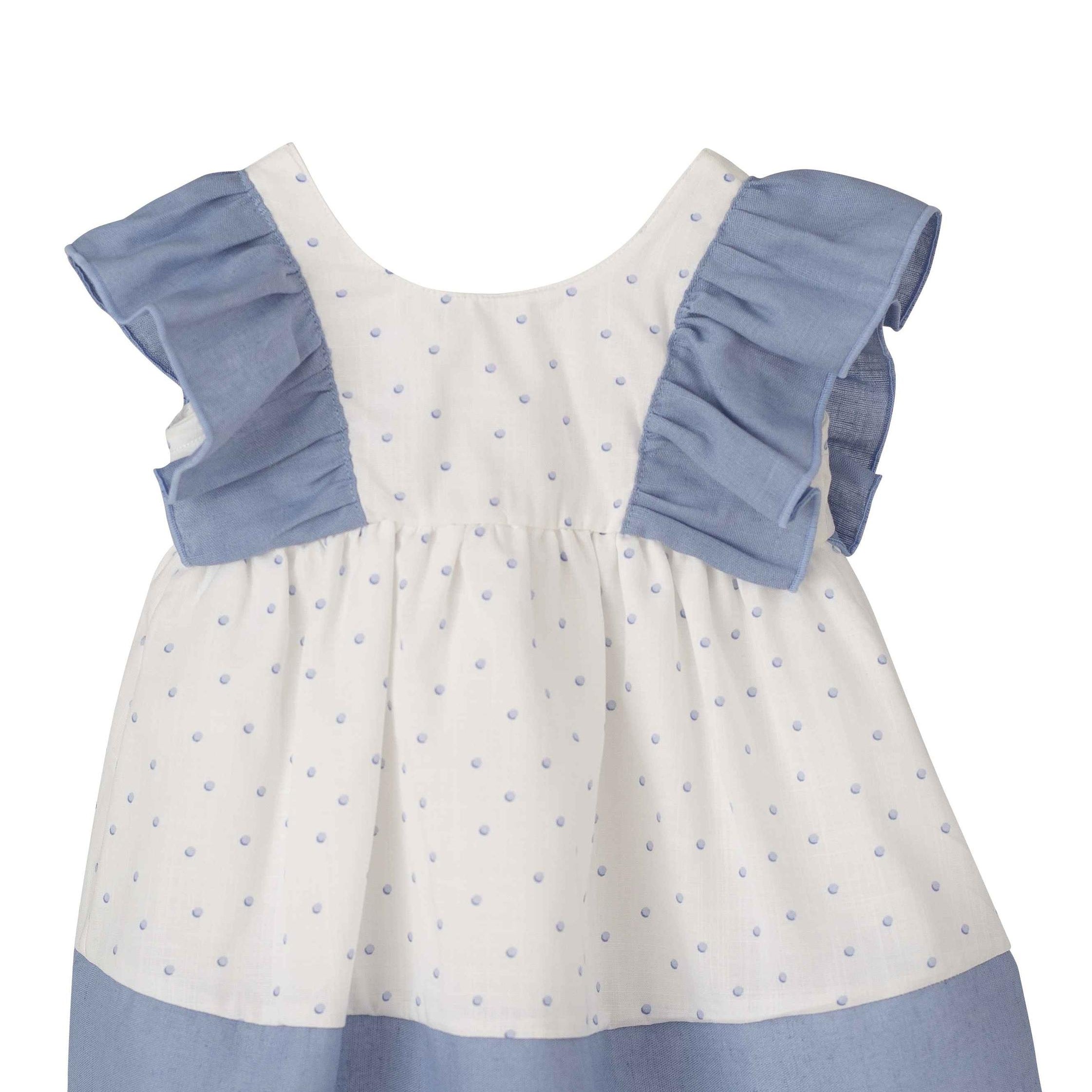 Vestito In Cotone A Pois Con Rouches Bianco-Celeste Neonata CALAMARO 21195 - CALAMARO - LuxuryKids
