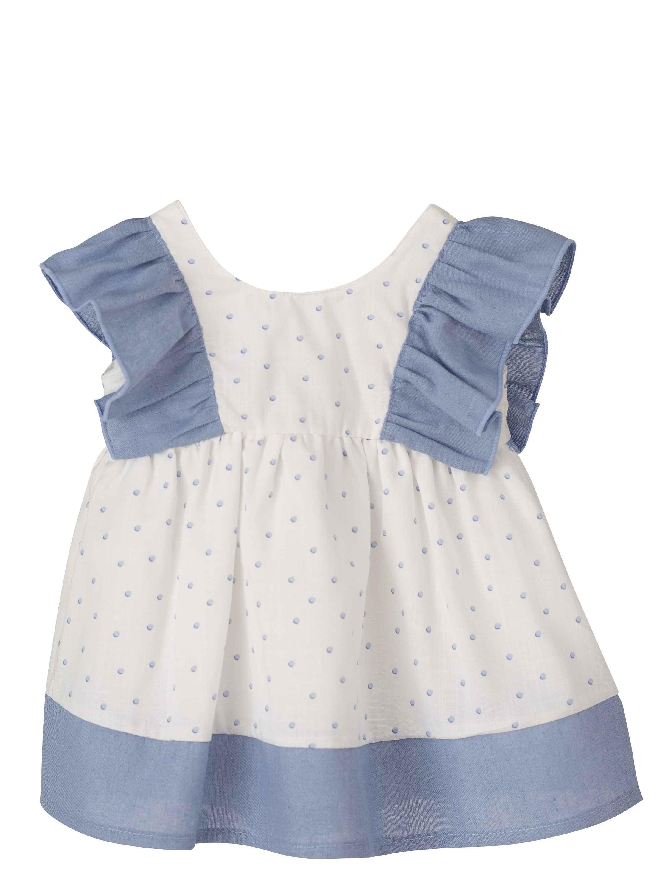 Vestito In Cotone A Pois Con Rouches Bianco-Celeste Neonata CALAMARO 21195 - CALAMARO - LuxuryKids
