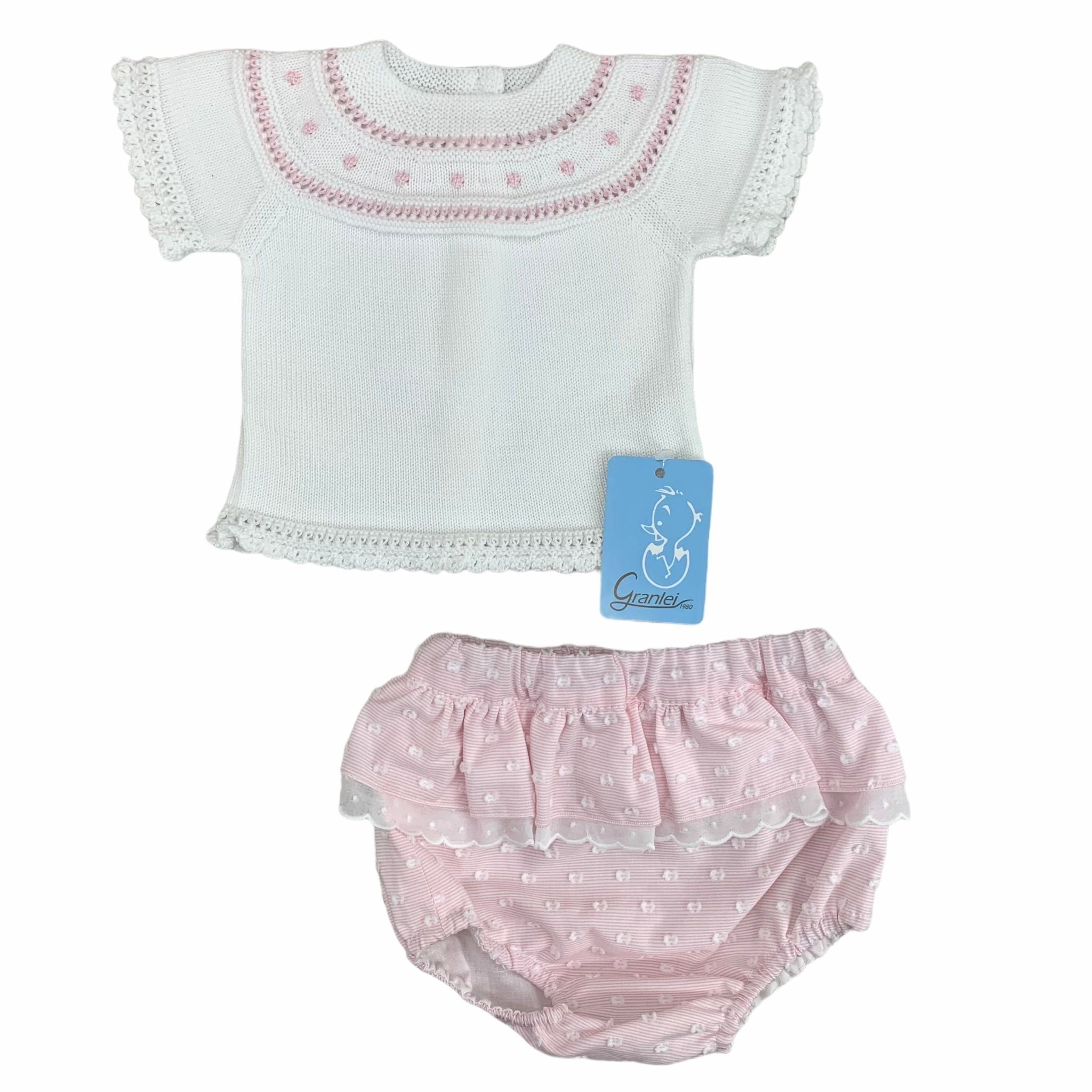 Completo 2 Pezzi Con Maglia In Filo E Culotte In Cotone Bianco-Rosa Neonata GRANLEI 249 - GRANLEI - LuxuryKids
