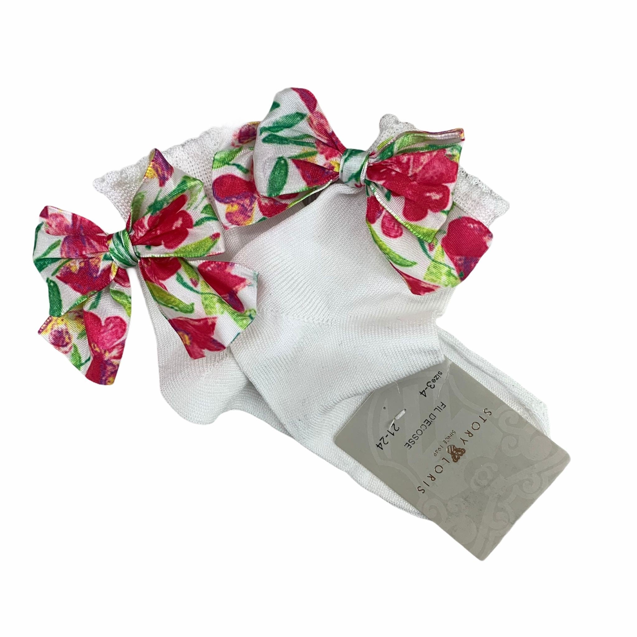 Calzini Corti In Filo Di Scozia Con Fiocchetto In Raso Colorato Neonata STORY LORIS 6189 - STORY LORIS - LuxuryKids