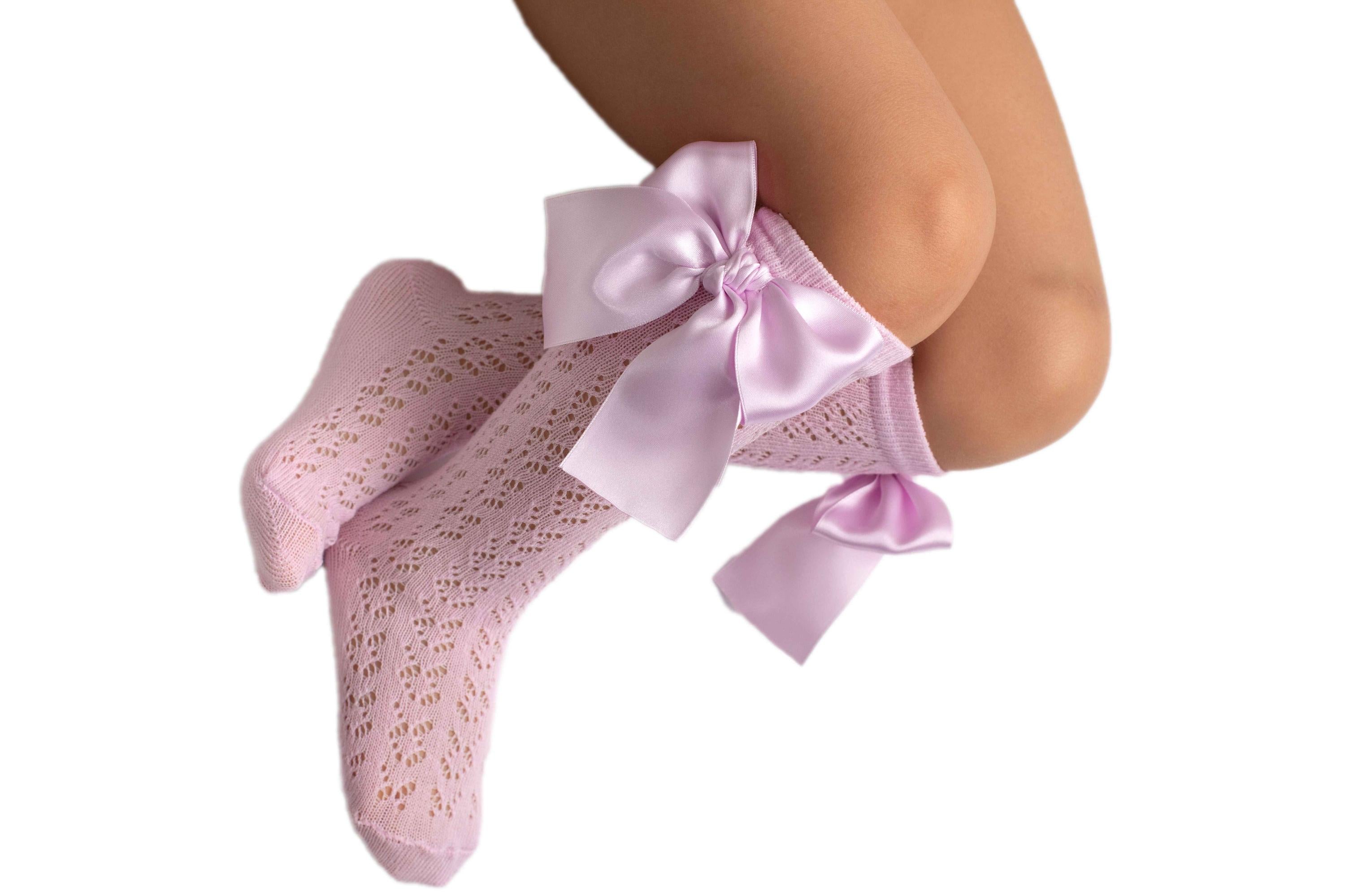 Calzini In Filo Di Cotone Traforati Lunghi Con Fiocco In Raso Neonata MEIA PATA 1084M - MEIA PATA - LuxuryKids