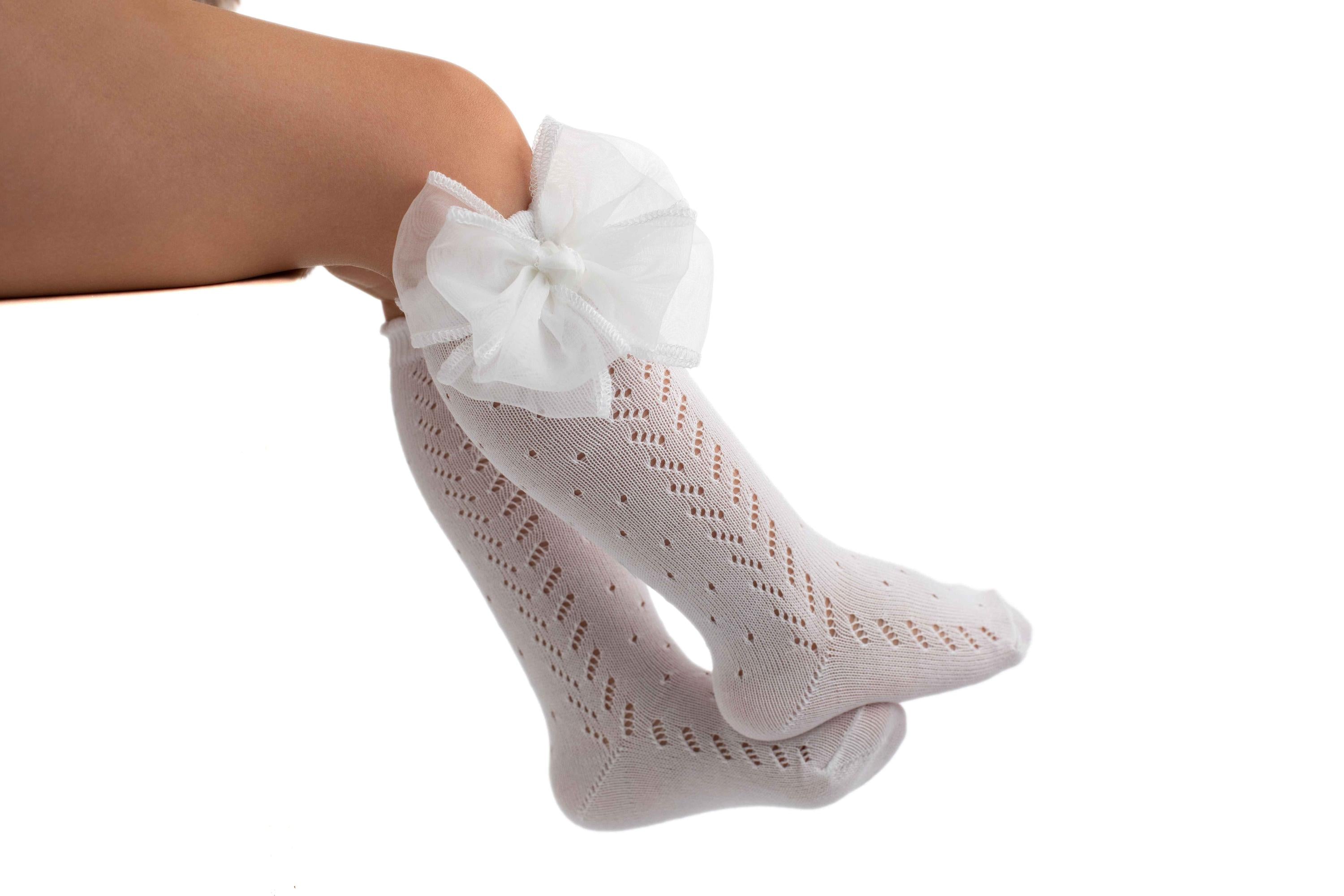 Calzini In Filo Di Cotone Lunghi Traforati Con Fiocco In Tulle Neonata MEIA PATA 1087M - MEIA PATA - LuxuryKids
