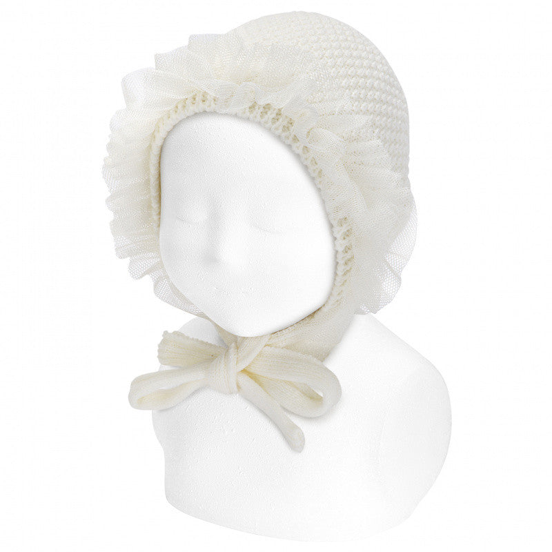 Cuffietta A Grana Di Riso E Tulle Arricciato Neonata Condor 50509 - Condor - LuxuryKids