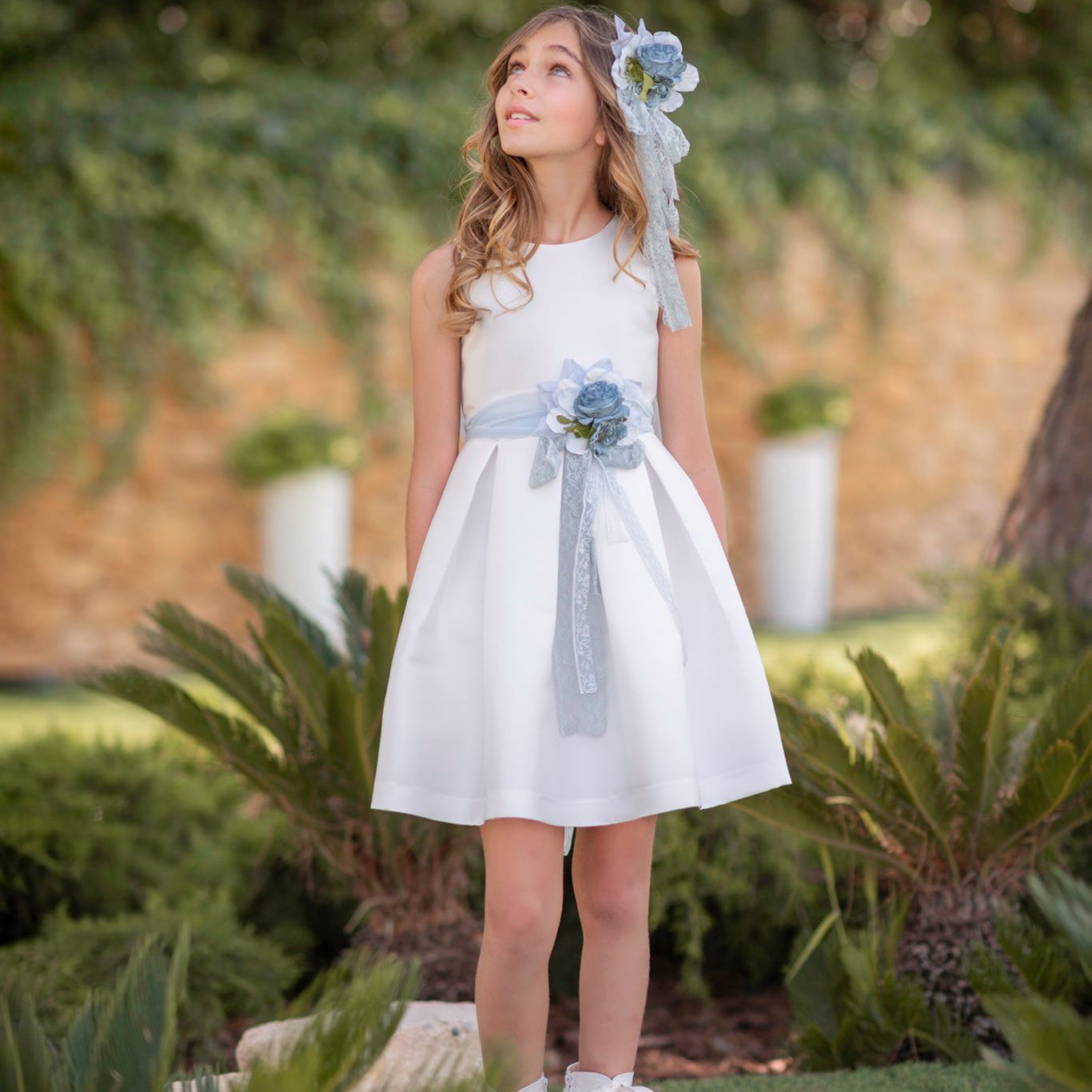 Abito Elegante Cerimonia Smanicato In Mikado Bianco Bambina MIMILU' 452 - MIMILU' - LuxuryKids