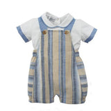 Completo Con Salopette E Camicia Mezza Manica Celeste-Beige In Misto Lino Neonato NINNAOH E22219 - NINNAOH - LuxuryKids