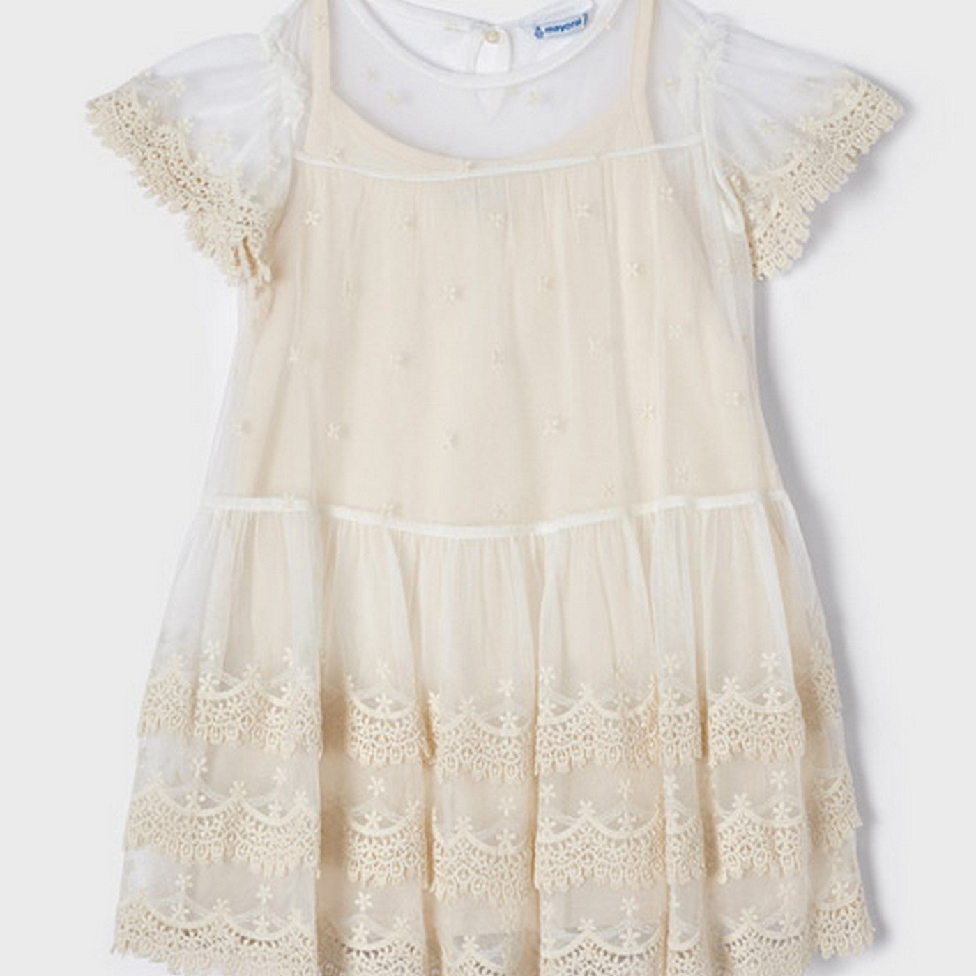 Abito In Cotone e Tulle Ricamato Beige Bambina MAYORAL 3935 - MAYORAL - LuxuryKids