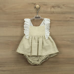 Abito Con Culotte Beige In Misto Lino Con Pizzo San Gallo Neonata BABIDU 44491 - BABIDU - LuxuryKids