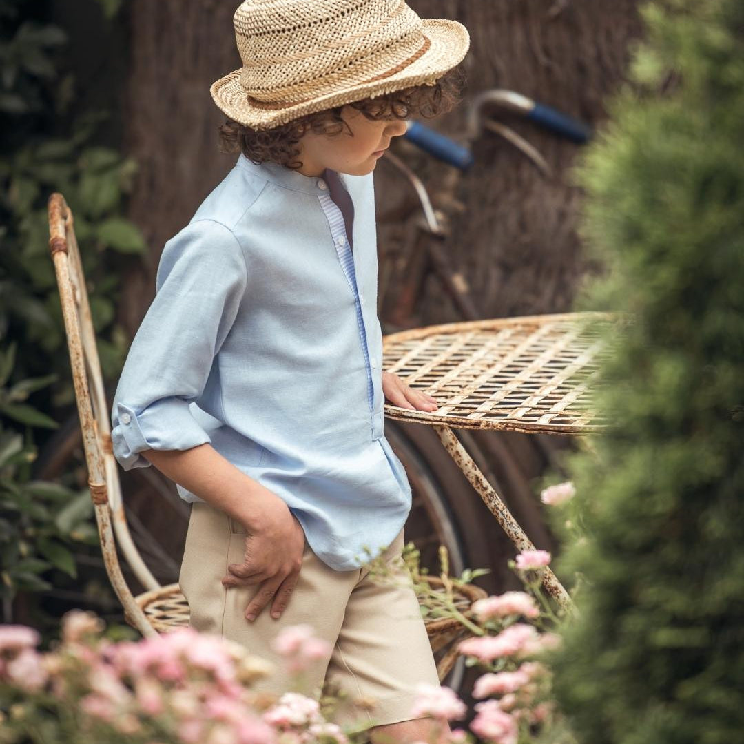 Completo Camicia Celeste E Bermuda Beige In Misto Lino Bambino YOEDU 1224 - YOEDU - LuxuryKids