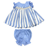 Abito Mezza Manica Celeste Con Fantasia A Righe E Culotte In Cotone Bambina YOEDU 0325 - YOEDU - LuxuryKids