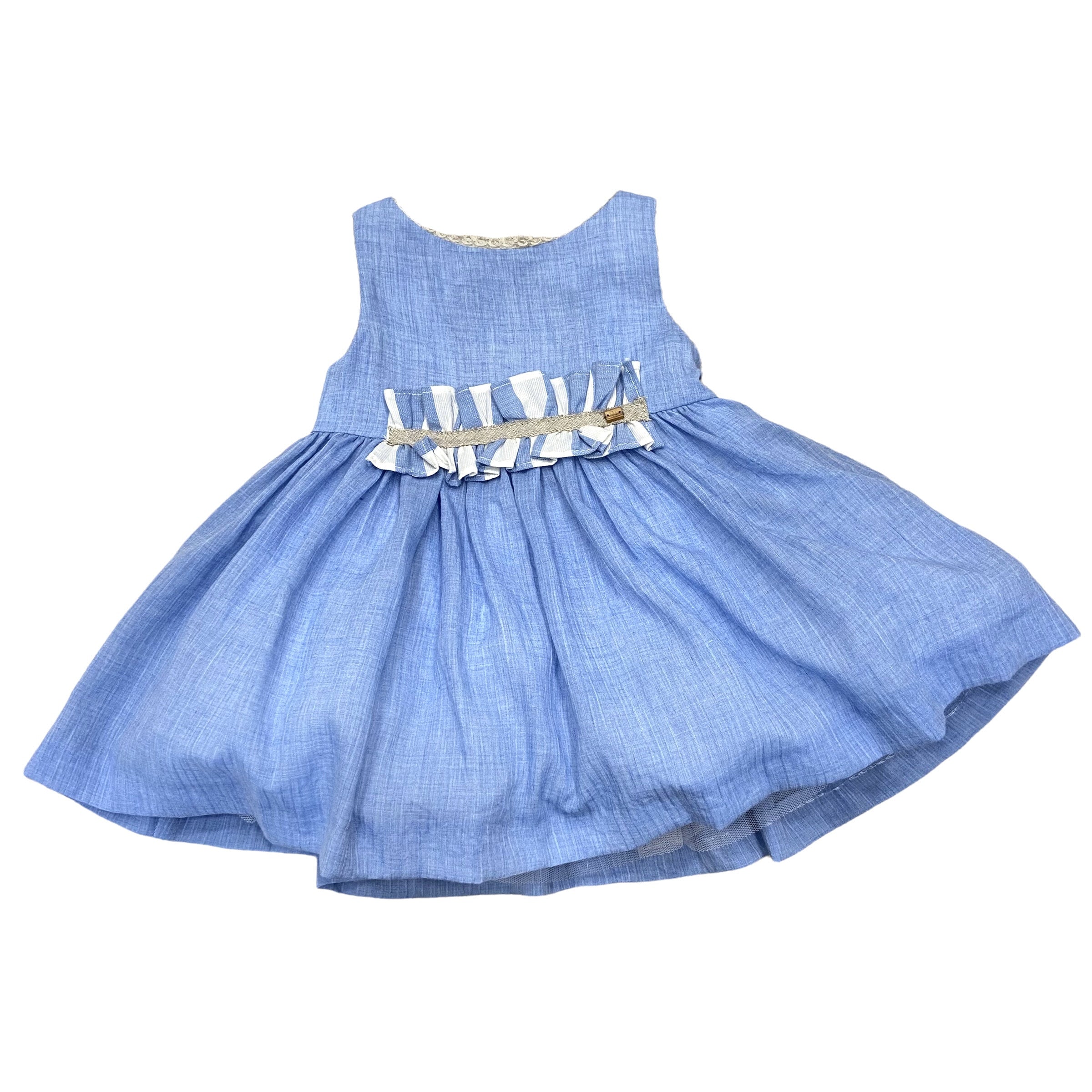 Vestito Giro Manica Celeste Con Dettagli Beige In Cotone Bambina YOEDU 0503 - YOEDU - LuxuryKids