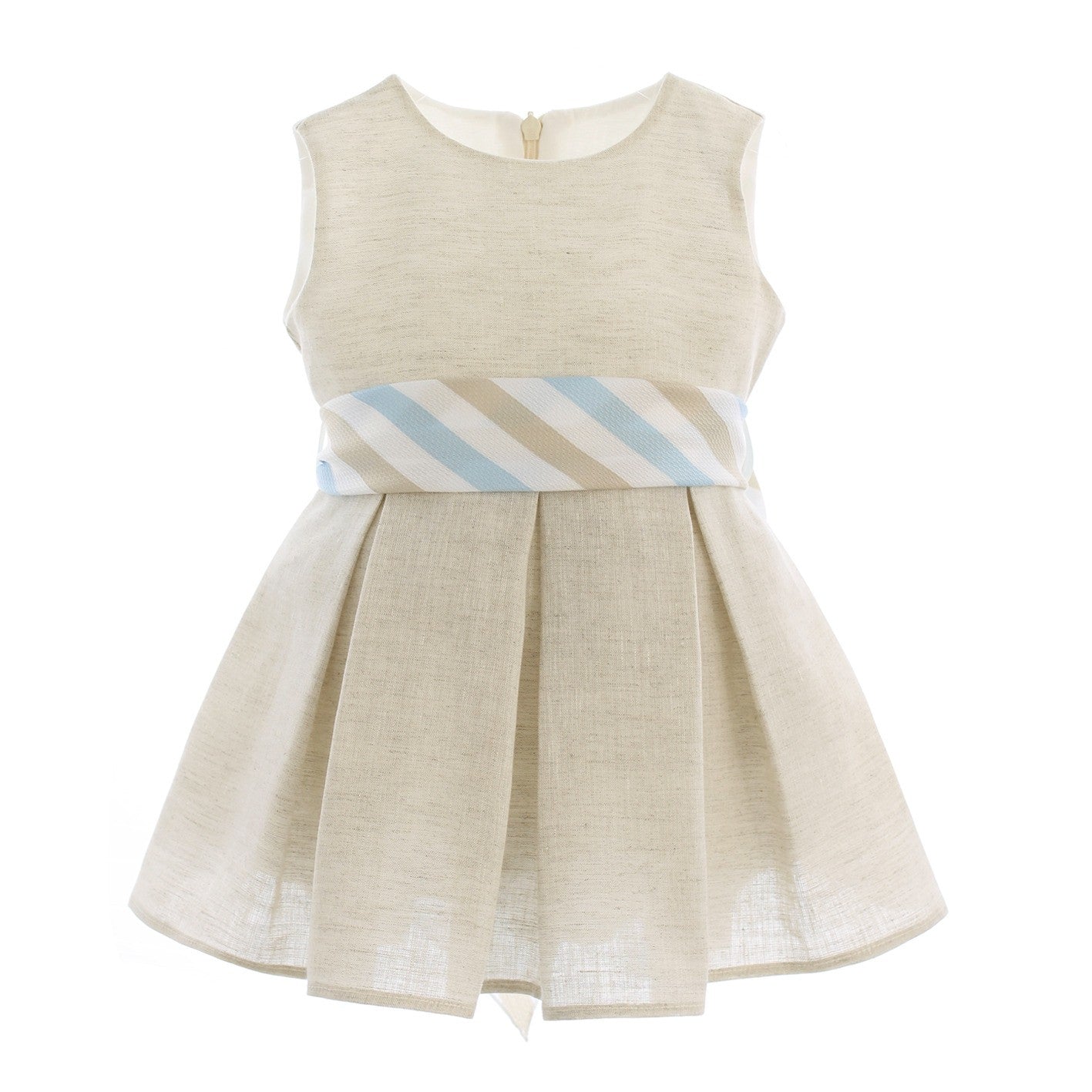 Abito Giro Manica Elegante In Lino Beige Con Fascia A Fantasia Neonata BUFI B1339A - BUFI - LuxuryKids
