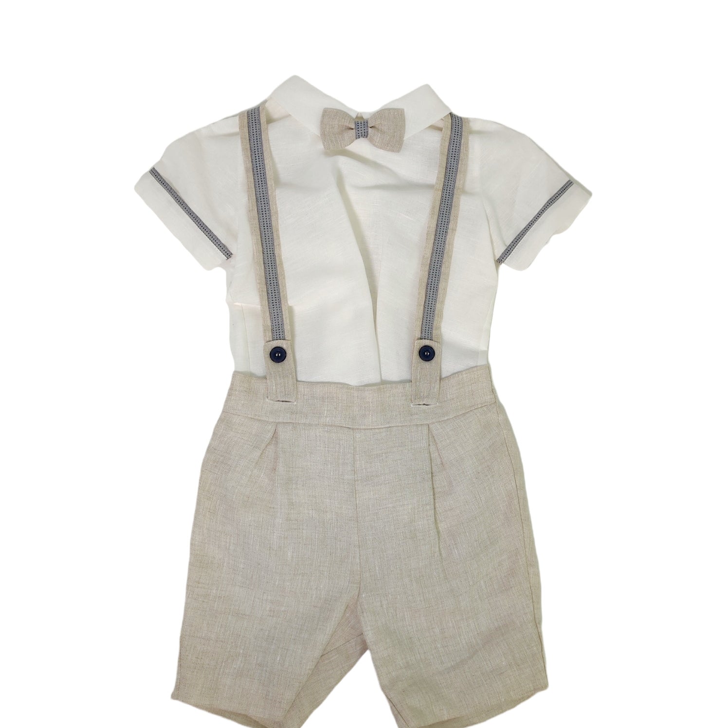 Completo Elegante Cerimonia Con Bermuda Con Bretelle E Camicia In Misto Lino Beige Bambino PONTO POR PONTO 5778A - PONTO POR PONTO - LuxuryKids