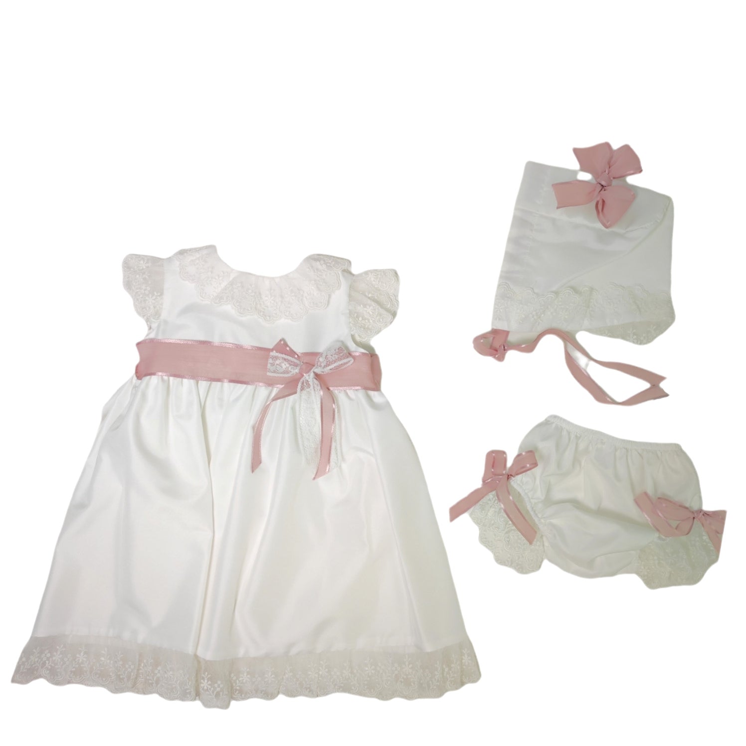 Abito Elegante Battesimale Con Cuffia E Culotte Bianco Neonata PONTO POR PONTO 5811 - PONTO POR PONTO - LuxuryKids
