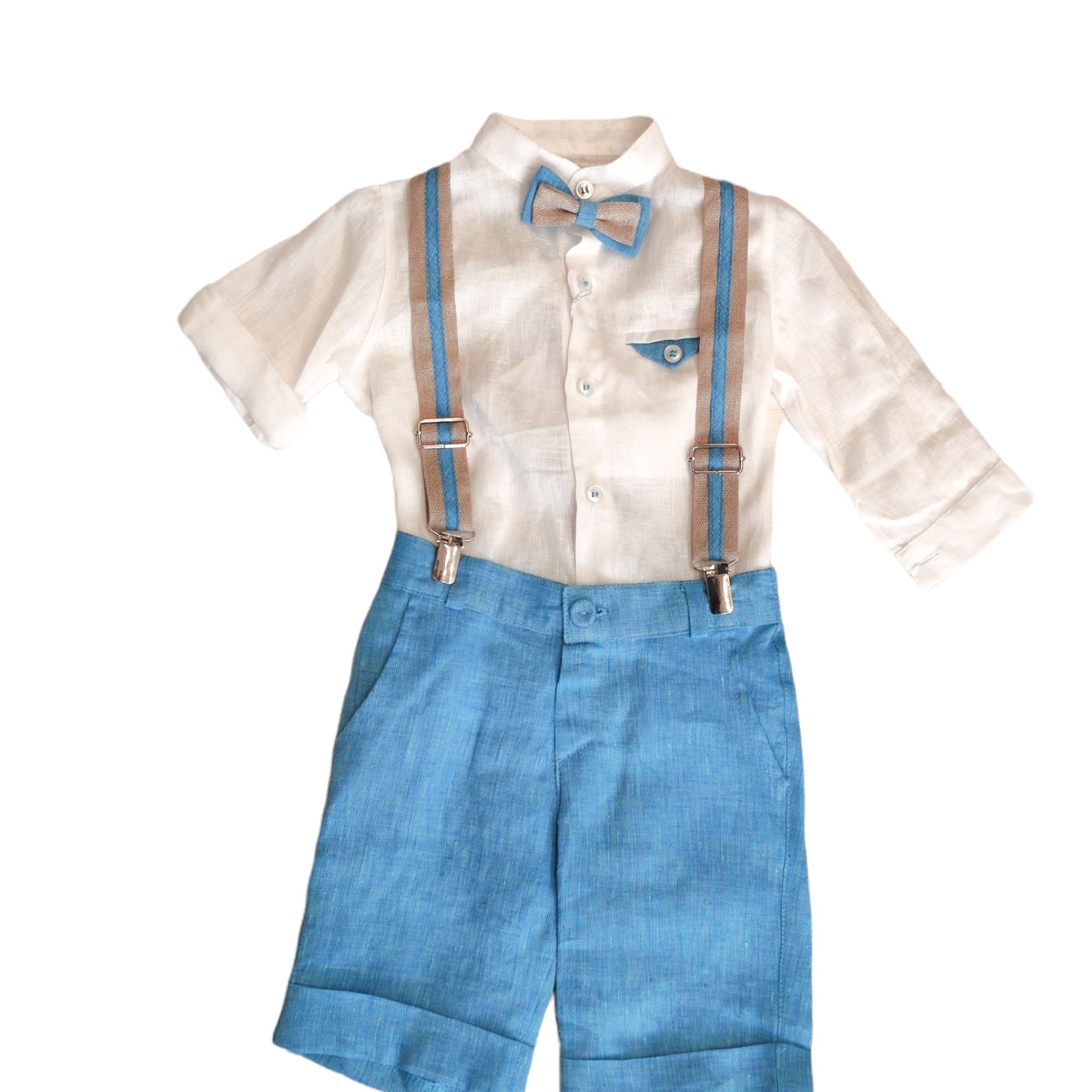 Completo Camicia Coreana Bermuda Bluette con Bretelle  In Lino Neonato LA SARTORIA DEI PICCOLI L135 - LA SARTORIA DEI PICCOLI - LuxuryKids