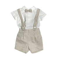 Completo Elegante Cerimonia Con Bermuda Con Bretelle E Camicia In Misto Lino Beige Bambino PONTO POR PONTO 5778 - PONTO POR PONTO - LuxuryKids