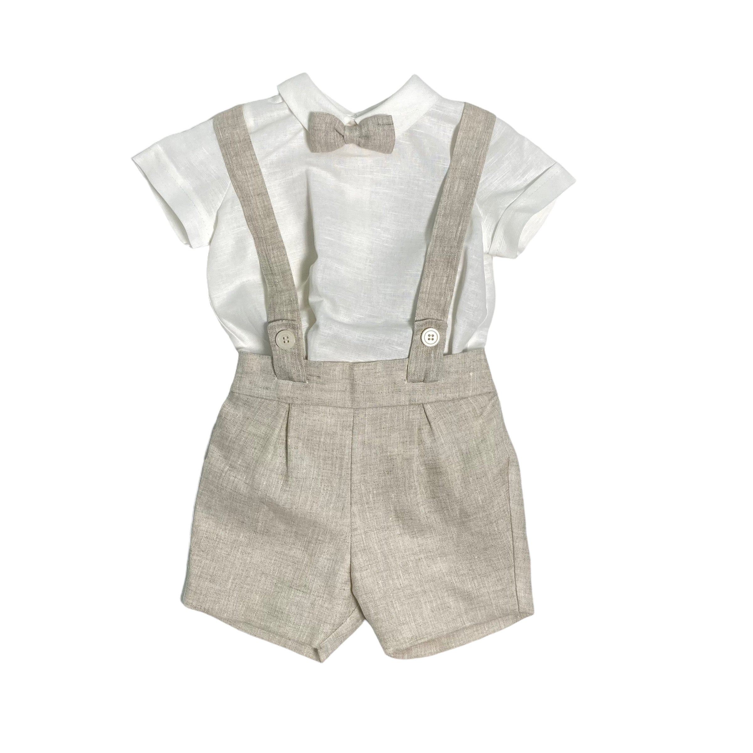 Completo Elegante Cerimonia Con Bermuda Con Bretelle E Camicia In Misto Lino Beige Bambino PONTO POR PONTO 5778 - PONTO POR PONTO - LuxuryKids