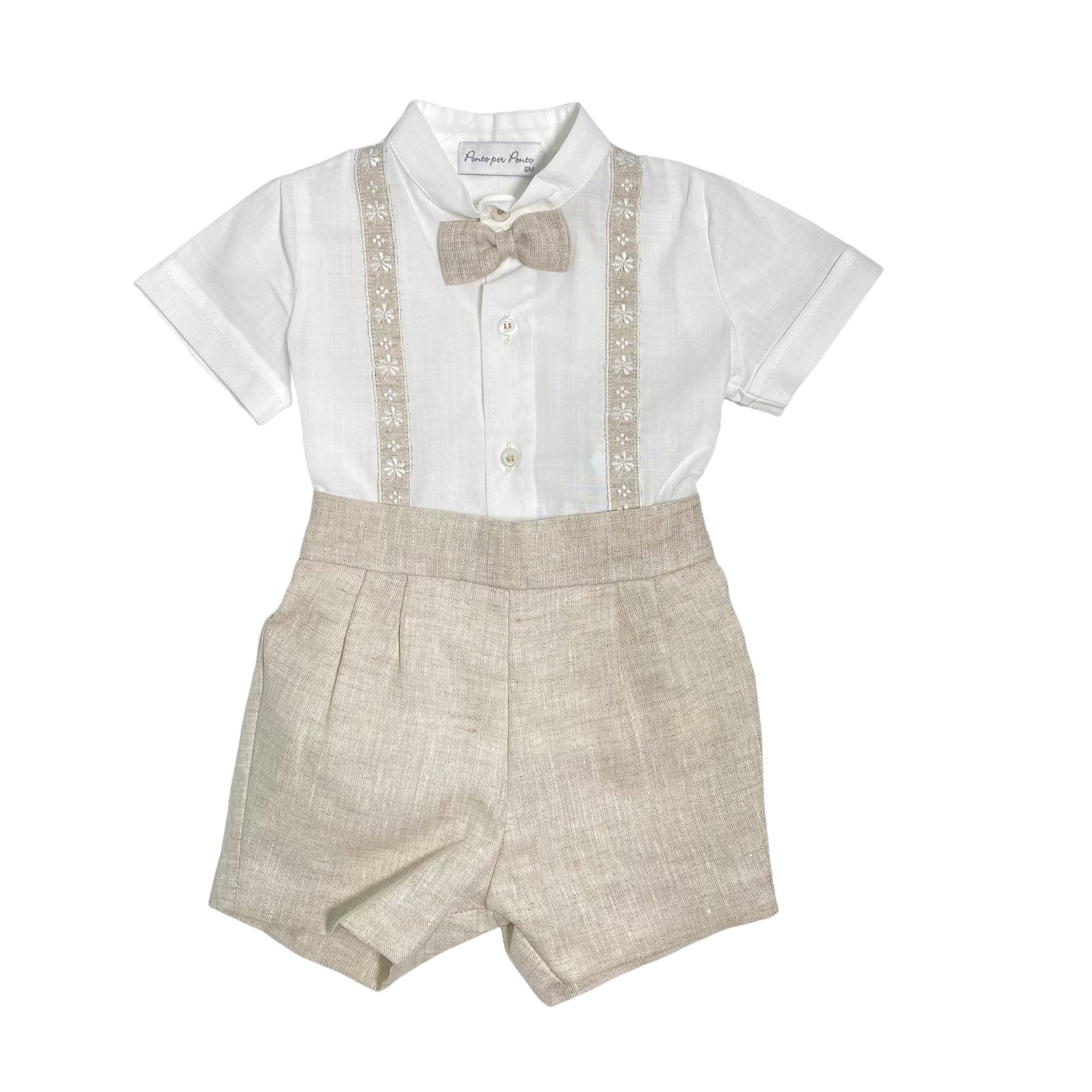 Completo Elegante Cerimonia Con Bermuda E Camicia In Misto Lino Beige Neonato PONTO POR PONTO 5798 - PONTO POR PONTO - LuxuryKids