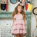 Abito Con Bretelline In Vichy Rosa Antico Bambina YOEDU 0516 - YOEDU - Luxury Kids