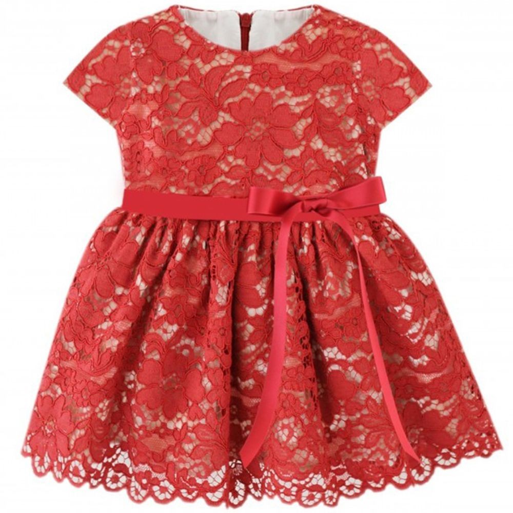Abito bambolina elegante in pizzo rosso chic cerimonia neonata Bufi B10707A - BUFI - LuxuryKids