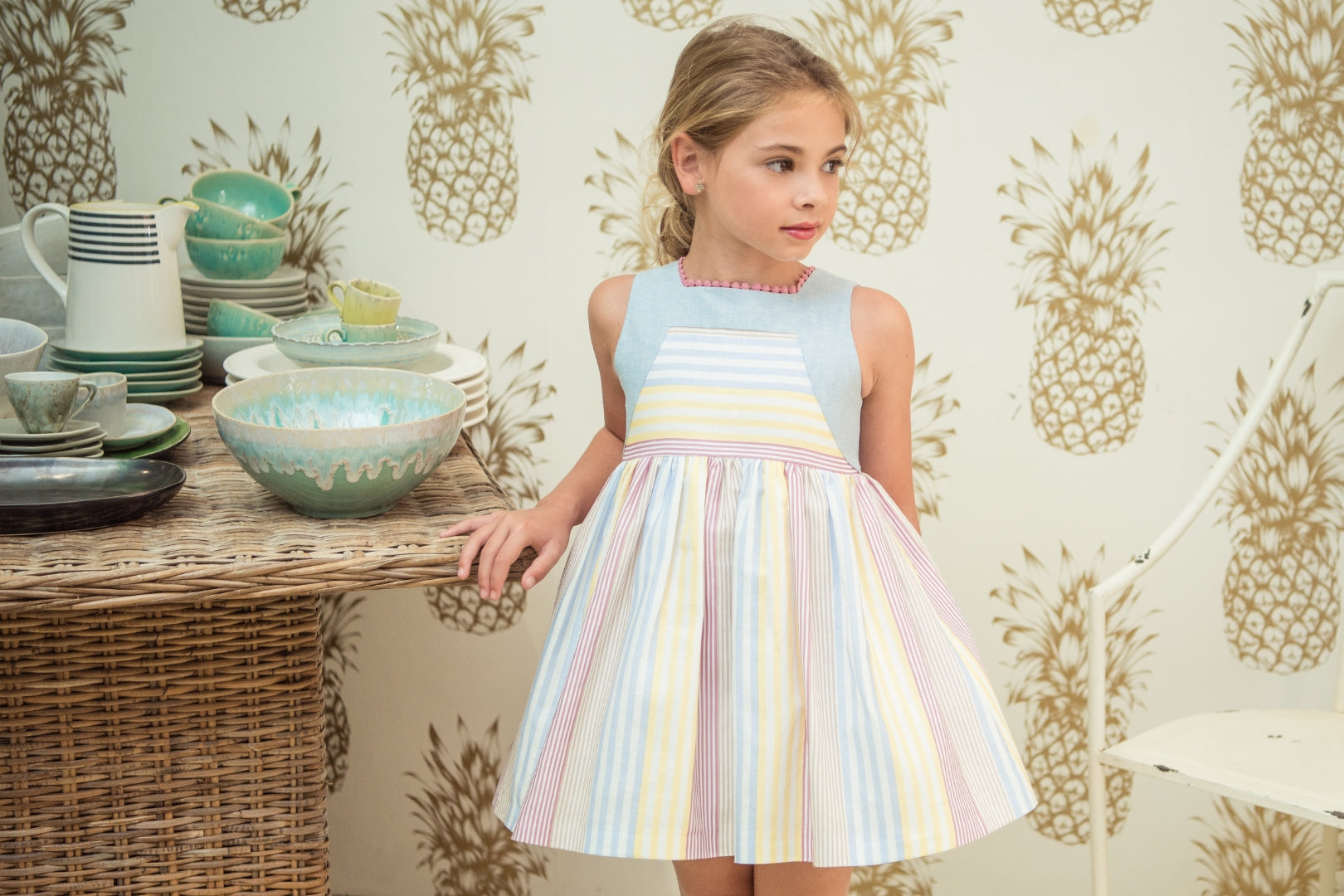 Abito Smanicato In Misto Lino A Righe Bambina YOEDU 0519 - YOEDU - Luxury Kids